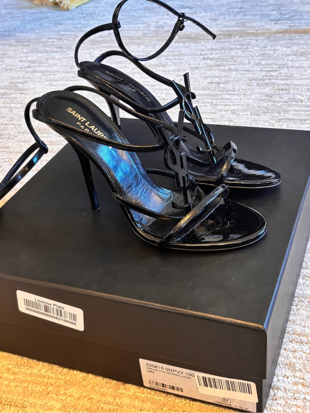 Saint Laurent Black Patent Leather YSL Logo Strap Sandals